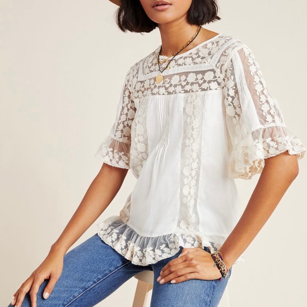 Maeve White Lace Floral Blouse Anthropologie